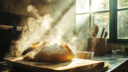 A picturesque shot of freshly baked bread coming out of the oven, with steam wafting up and a rustic kitchen setting, capturing the essence of baking at home.の素材