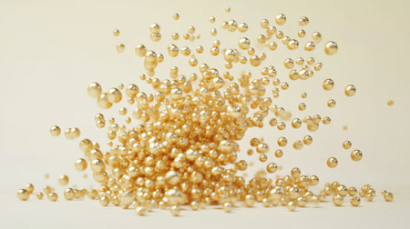 A vibrant display of golden bubbles floating gracefully against a soft beige background. This image captures the essence of elegance and luxury, ideal for creative projects.の素材