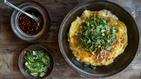 This vibrant omelette showcases fresh herbs, peanuts, and chili oil, presented beautifully on a rustic wooden table, perfect for food enthusiasts.の素材