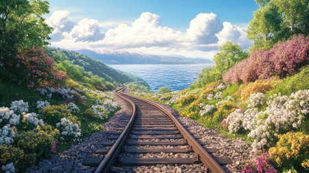 A picturesque view of railway tracks stretching into the horizon, surrounded by lush greenery and vibrant flowers, capturing the beauty of nature along the train route.の素材
