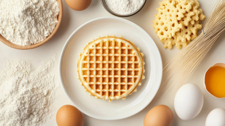 A delightful waffle sits on a plate surrounded by fresh ingredients like eggs, flour, and sugar. Perfect for baking promotions or recipes.の素材