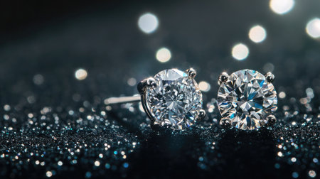 A pair of sparkling diamond earrings resting on a black velvet surface, with intricate details of the diamond cut highlighted under soft lighting.の素材