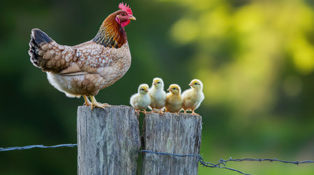 A mother hen perched on a fence post, looking over her chicks playing in the grass, capturing the protective nature of hen parenting.の素材