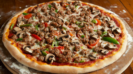 A freshly baked pizza topped with sausage, mushrooms, and colorful vegetables, perfect for a family dinner or gathering. Rich in flavor and warmth.の素材