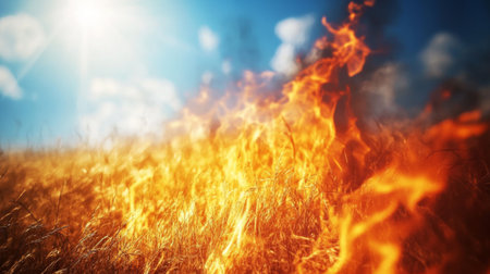 A mesmerizing view of vibrant flames consuming dry grass under a sunny sky. The intense heat and energy create a striking contrast with the blue backdrop.の素材
