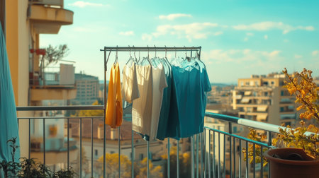 A metal drying rack placed in a small urban balcony, clothes gently swaying in the wind against a cityscape background, representing compact living.の素材