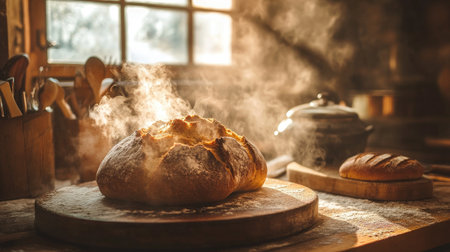 A picturesque shot of freshly baked bread coming out of the oven, with steam wafting up and a rustic kitchen setting, capturing the essence of baking at home.の素材