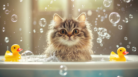 A playful scene of a fluffy cat sitting in a shallow tub, looking curiously at the water, with bubbles and colorful rubber ducks adding to the fun.の素材