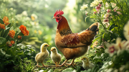 A picturesque view of a mother hen and her chicks exploring a lush green garden, surrounded by flowers and plants, symbolizing life on a farm.の素材