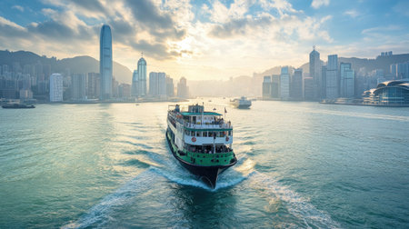 A panoramic view of a ferry navigating through a harbor, with city skyline in the background, illustrating maritime transportation and scenic travel options.の素材