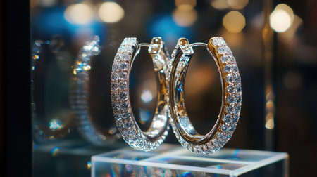 A pair of diamond hoop earrings displayed in a glass jewelry case, with lighting reflecting off the diamonds, showcasing their brilliant sparkle.の素材