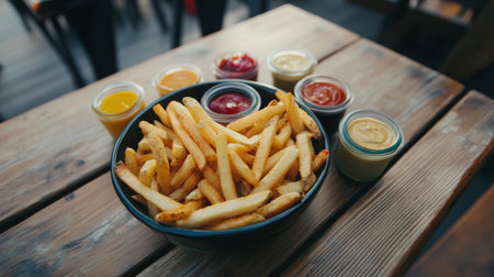A bowl of golden, crispy potato fries accompanied by colorful dipping sauces on a rustic wooden table, perfect for sharing at casual meals.の素材