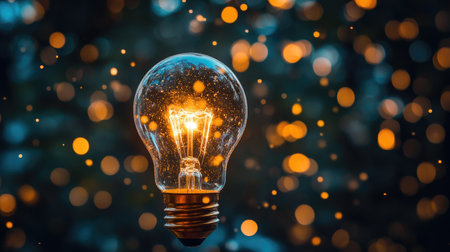 A light bulb turning on in slow motion, with the filament glowing to life, surrounded by a dark background, representing the moment of inspiration.の素材
