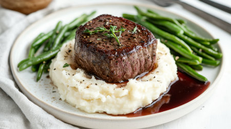 A succulent beef steak resting on a bed of creamy mashed potatoes, accompanied by vibrant green beans. Perfect for gourmet meals and dinner gatherings.の素材