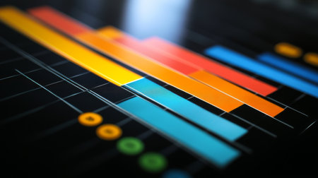 Visualize data trends effectively with this colorful bar graph on a sleek black background. Perfect for business presentations and reports.の素材
