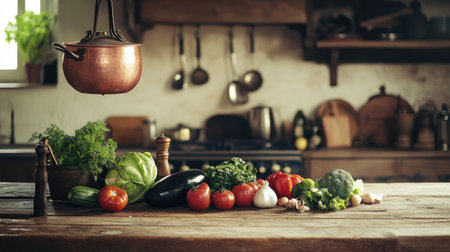 A rustic kitchen setting with a vintage copper pot hanging above a wooden counter, surrounded by fresh vegetables, symbolizing a connection to traditional cooking.の素材