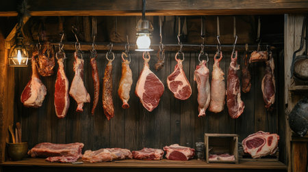 A rustic butcher shop showcasing various cuts of meat hanging from hooks, highlighting the craftsmanship and tradition behind butchery and meat preparation.の素材