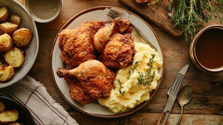 A rustic kitchen table with a family-style serving of fried chicken, mashed potatoes, and gravy, highlighting the comfort and nostalgia of traditional home-cooked meals.の素材
