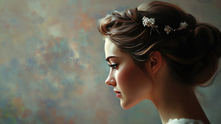 A side profile of a woman with a classic updo, showcasing elegant hairpins, perfect for formal occasions, with a soft-focus background enhancing her grace.の素材