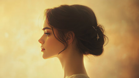 A side profile of a woman with a classic updo, showcasing elegant hairpins, perfect for formal occasions, with a soft-focus background enhancing her grace.の素材