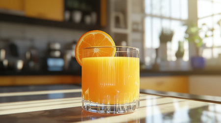 A refreshing glass of freshly squeezed orange juice served with a slice of orange on the rim, set against a bright, sunny kitchen background.の素材