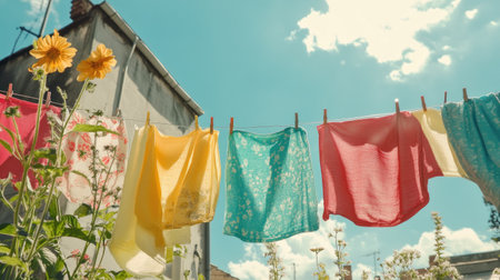 A row of colorful clothes hanging on a laundry rack outside, gently swaying in the breeze under a bright blue sky, symbolizing freshness and a sunny day.の素材