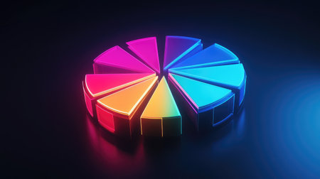 A segmented D pie chart with neon-colored slices rotating on a dark background, representing data analysis and statistics with futuristic effects.の素材