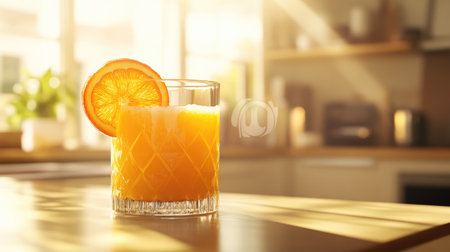 A refreshing glass of freshly squeezed orange juice served with a slice of orange on the rim, set against a bright, sunny kitchen background.の素材