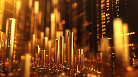 A realistic D financial chart made of gold, with the bars elevated at different levels and surrounded by digital stock market data in the background.の素材