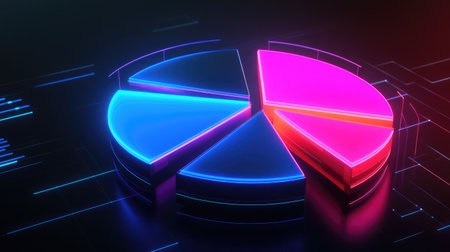 A segmented D pie chart with neon-colored slices rotating on a dark background, representing data analysis and statistics with futuristic effects.の素材