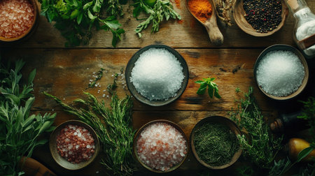 A rustic wooden table adorned with different types of saltの素材