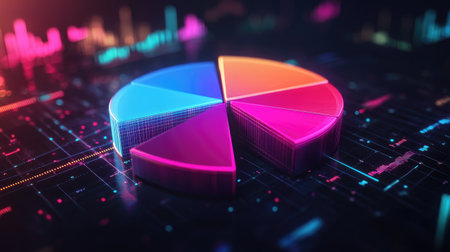 A segmented D pie chart with neon-colored slices rotating on a dark background, representing data analysis and statistics with futuristic effects.の素材