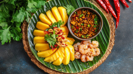 A vibrant plate featuring fresh mango slices, shrimp, and a spicy dipping sauce. Perfect for tropical-themed cuisine and healthy dining experiences.の素材