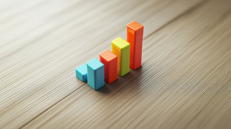 A vibrant arrangement of colorful bar graphs on a wooden surface, symbolizing growth and progress in business analytics. Perfect for presentations and reports.の素材