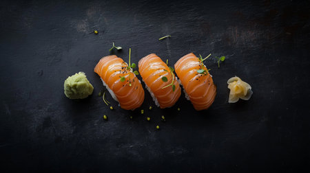 A visually striking presentation of fresh salmon sushi rolls accompanied by wasabi and pickled ginger on a black stone surface. Perfect for food enthusiasts.の素材