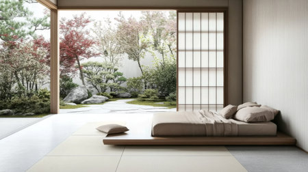 Discover a serene Japanese minimalist bedroom featuring a soft bed, warm wood tones, and a tranquil garden view. Ideal for relaxation and harmony.の素材