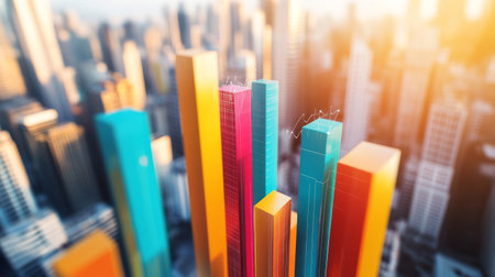 Vibrant financial graphs stand tall against a sprawling city skyline at sunset. Dynamic colors reflect investment trends and modern business growth.の素材