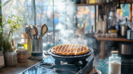 A freshly made waffle sits on a hot iron, emitting steam in a cozy kitchen. The warm atmosphere captures the essence of homemade breakfast delights.の素材