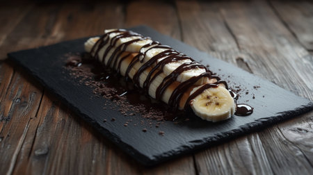A deliciously styled dessert featuring fresh banana slices drizzled with rich chocolate sauce. Perfect for food lovers and culinary enthusiasts.の素材