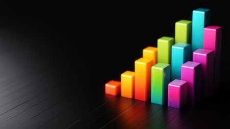 Colorful bar graph displays various levels of growth on a dark background. Ideal for presentations, reports, and visual data analysis in business settings.の素材
