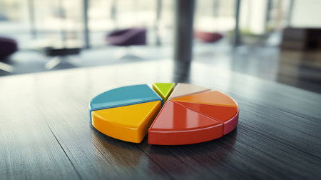 A colorful pie chart rests on a wooden table, showcasing various segments in a modern office setting. Ideal for business and data analysis concepts.の素材
