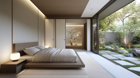 Explore a tranquil modern bedroom featuring minimalist design and stunning views of a serene Zen garden, creating a peaceful retreat bathed in natural light.の素材