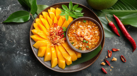 A vibrant display of fresh mango slices arranged elegantly with a spicy shrimp dip in a rustic bowl, perfect for a tropical cuisine experience.の素材
