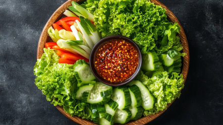 A vibrant vegetable platter featuring fresh vegetables like cucumbers, lettuce, and bell peppers, served with a spicy dipping sauce for a healthy appetizer.の素材