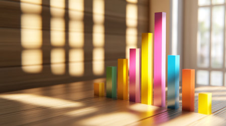 This image features a vibrant bar graph displayed in an interior space, illuminated by soft sunlight, showcasing growth and positivity in data analysis.の素材