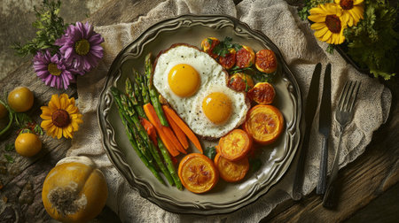 A vibrant breakfast plate featuring sunny side up eggs, fresh vegetables, and herbs arranged artfully. Perfect for healthy meal inspiration.の素材