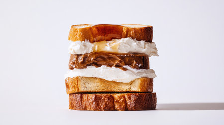 A delicious stack of three slices of toasted bread, each with a different topping like cream cheese, nut butter, and honey, artfully arranged against a bright white background.の素材