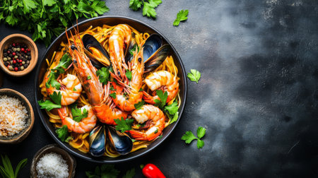 A visually appealing seafood pasta dish featuring shrimp and mussels, garnished with fresh herbs, presented in a dark setting for a gourmet dining experience.の素材