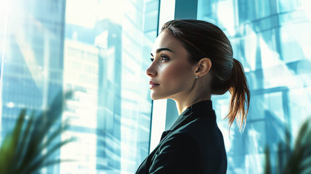 A confident businesswoman in a high-rise office, looking out of the window with a serious yet optimistic expression, representing leadership and vision.の素材