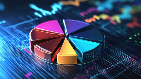 A detailed D pie chart with metallic slices in various colors, symbolizing data distribution in a high-tech environment, set against a futuristic digital background.の素材
